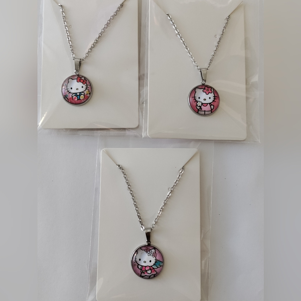 3 Hello Kitty Round Glass Cabochon Necklaces